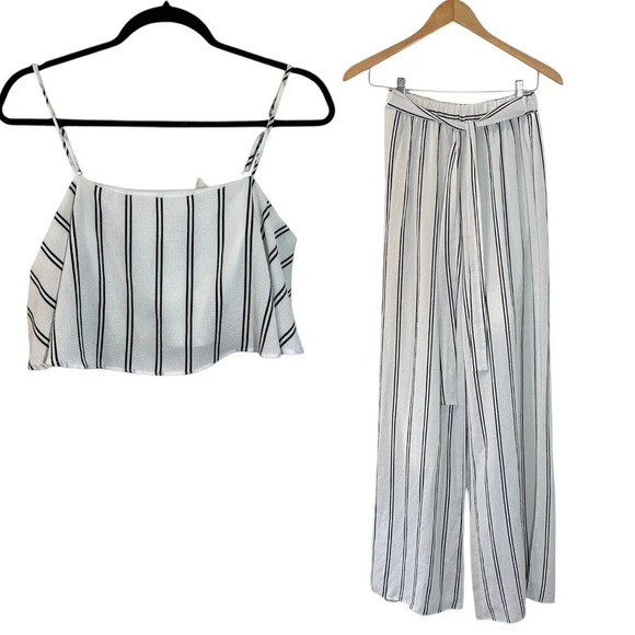 Windsor Pant Crop Top Set Medium White Striped Wide Leg Flowy Blouse Sleeveless - Picture 1 of 8
